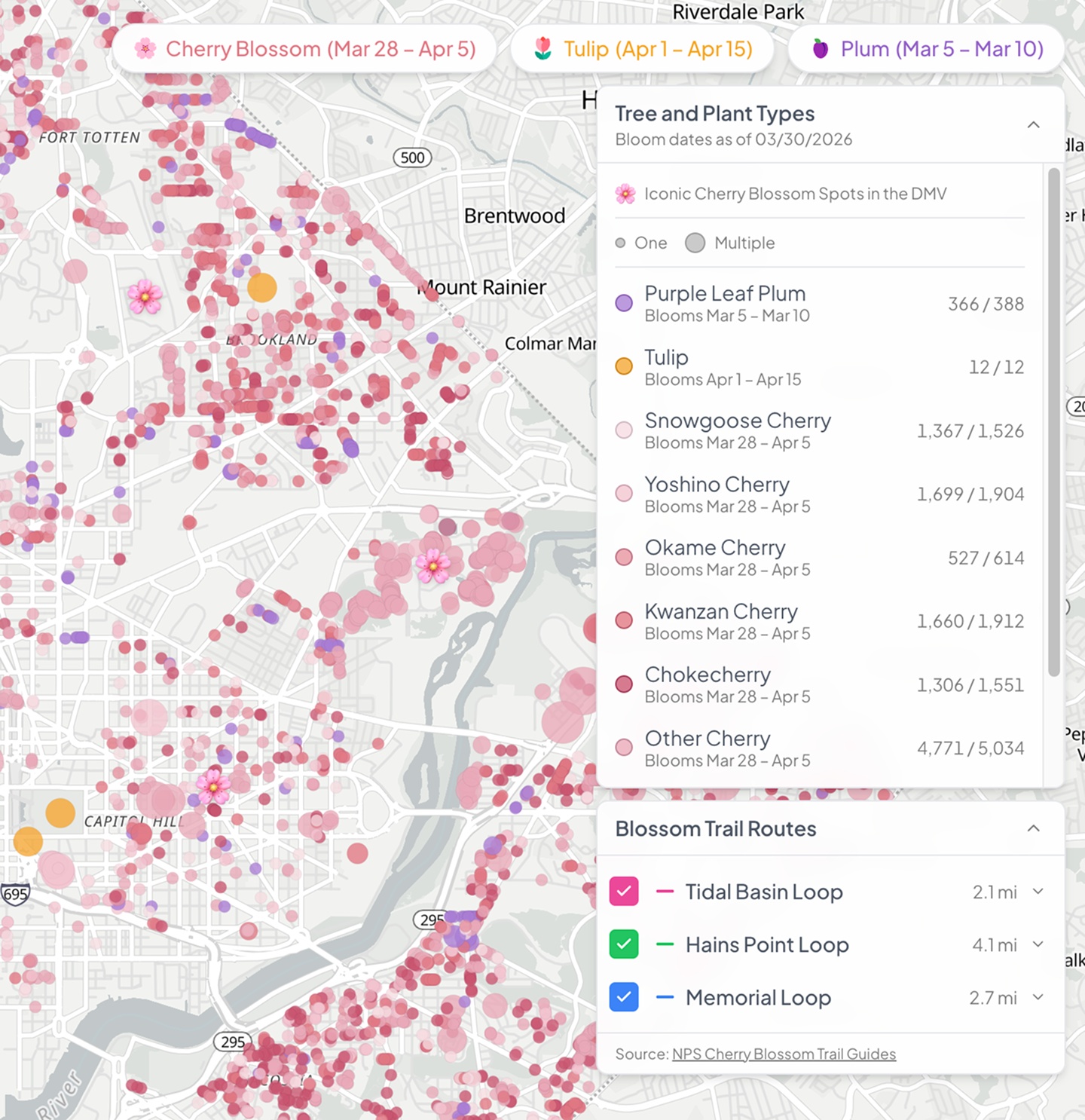 DC Blossoms map with bloom filters, tree and plant types, and trail routes