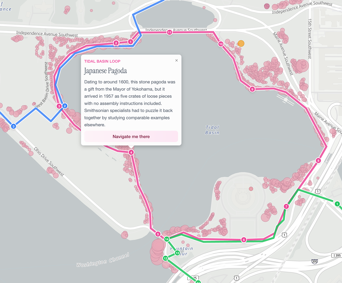 DC Blossoms Tidal Basin Loop trail route with a Japanese Pagoda stop
